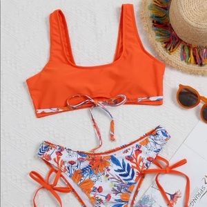 Orange Floral Tie-Front Bikini Set